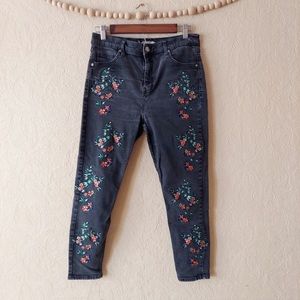 TOPSHOP MOTO Jamie Floral Embroidered Jeans High Rise Skinny Ankle Grey 32